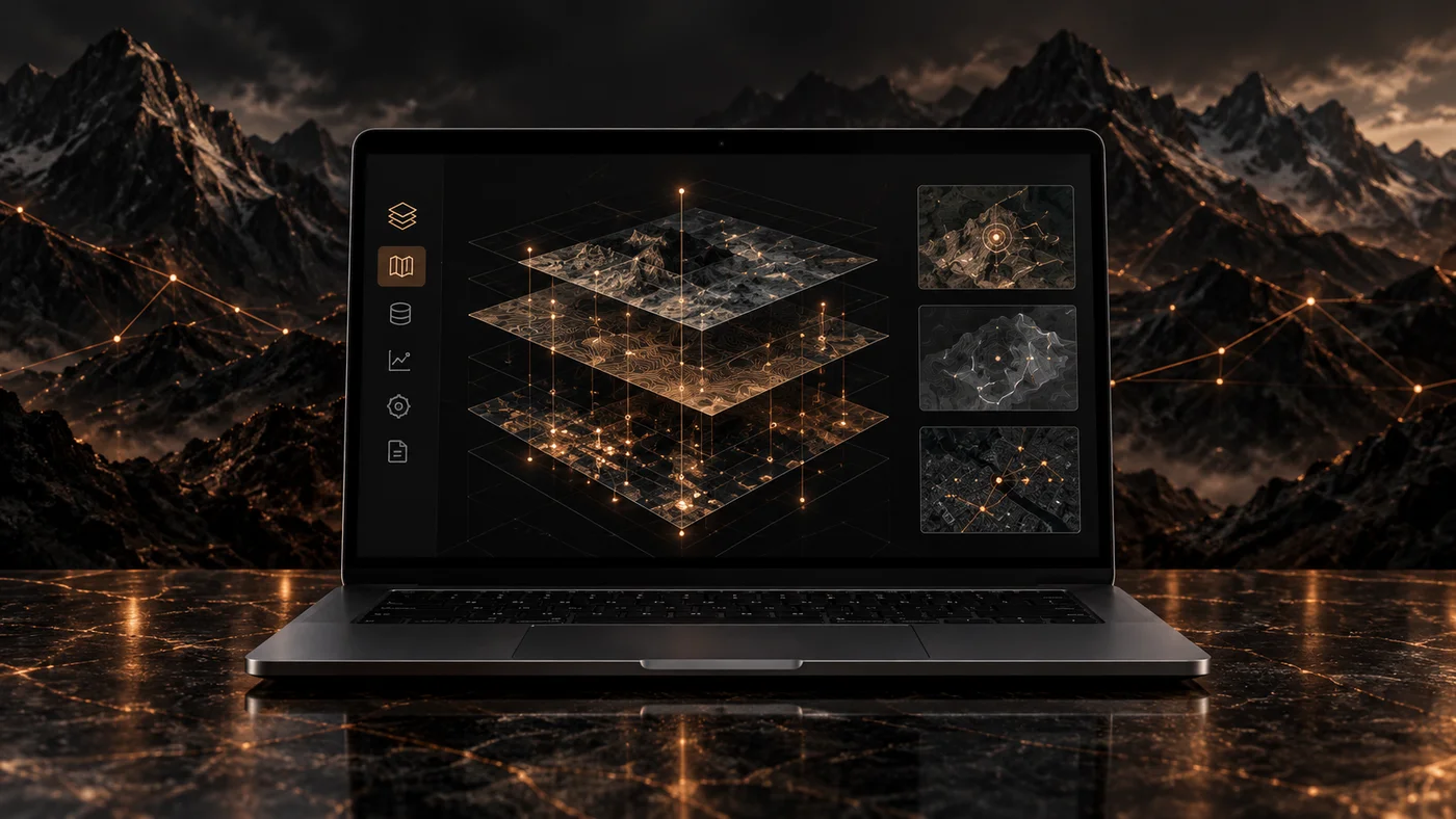 RaptorIQ Aerie layered geospatial concept shown on a laptop