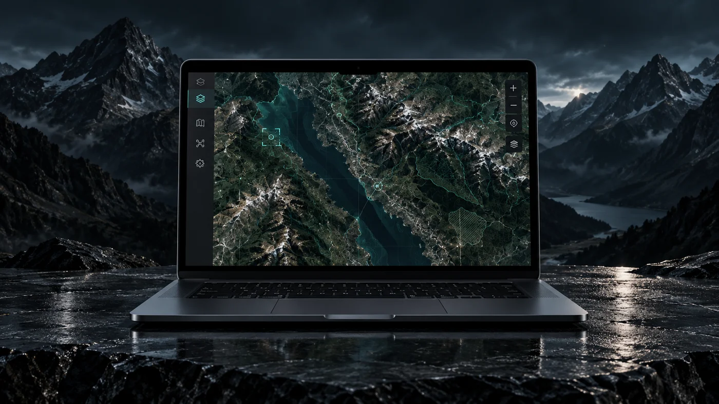 RaptorIQ OS geospatial interface shown on a laptop